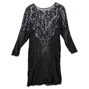 PS Illustrations Beaded Evening Dress Black Silk Sequin Long Sleeve Sheath Sz M